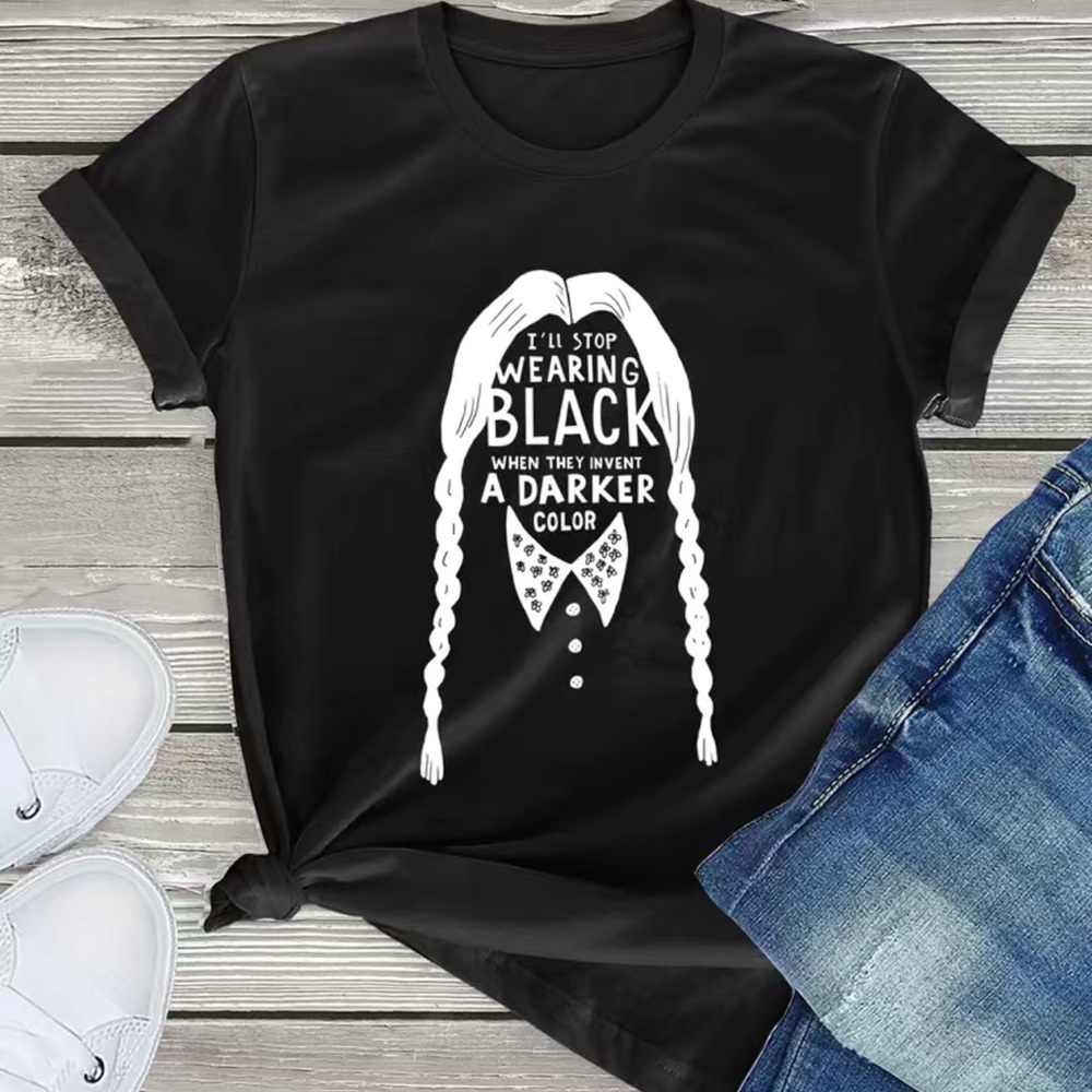 Black Cotton T-Shirt Featuring Wednesday Adams, “I’ll Stop Wearing Black